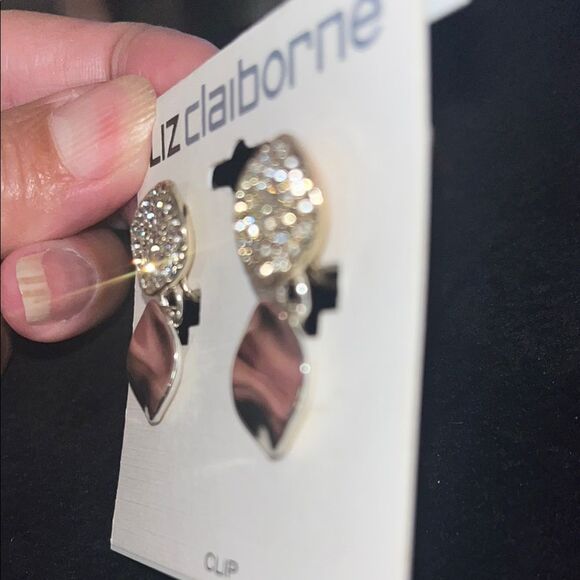 Liz Claiborne Gold and Silver Clip-On Drop Earrings Pave’ - Picture 4 of 4